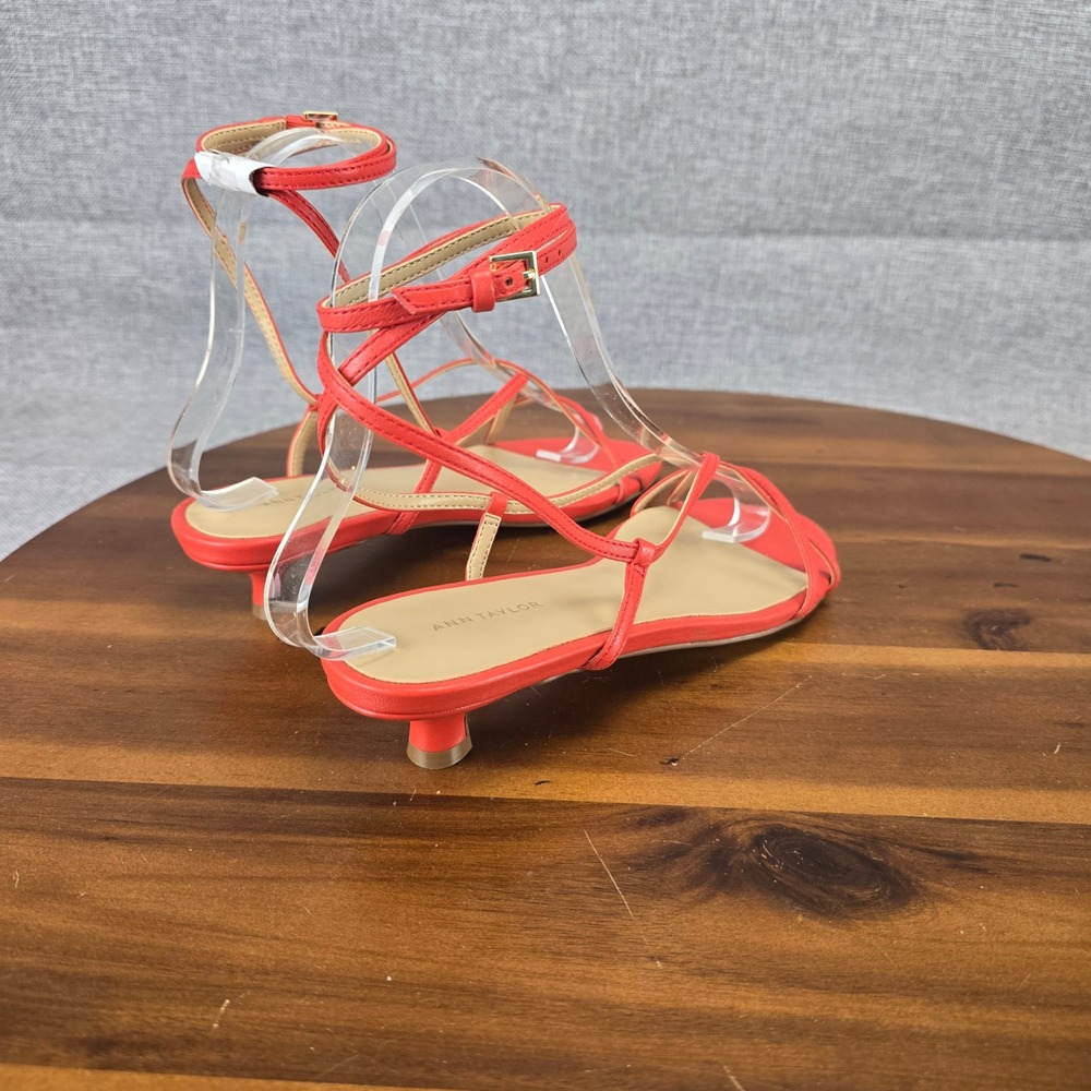 Ann Taylor Womens Coral Red Leather Strappy Ankle Strap Kitten Heel Sandals 6M - Picture 12 of 13